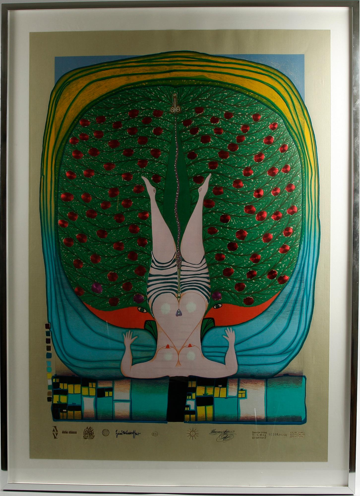 FRIEDENSREICH HUNDERTWASSER, färgserigrafi med metallprägling, stämpelsign och numr 2246/4200.