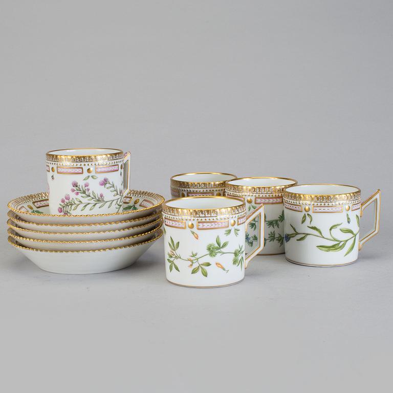 5 "Flora Danica", Royal Copenhagen coffee cups and 5 saucers.