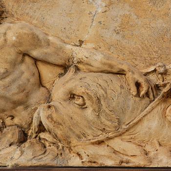 Claude Michel Clodion, attributed to, A relief depicting a nereid riding a dolphin alongside a triton blowing into a conch.