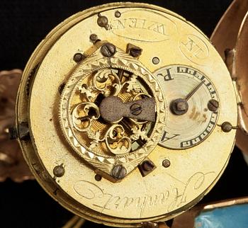 SPINDELUR, Hanhart, Wien, i form av lyra, blått och vitt emaljarbete, 1800-talets första hälft.