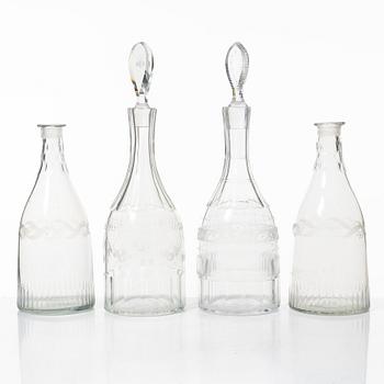Four glass decanters, Gustavian, Sweden, late 18th century and first half of the 19th century.
