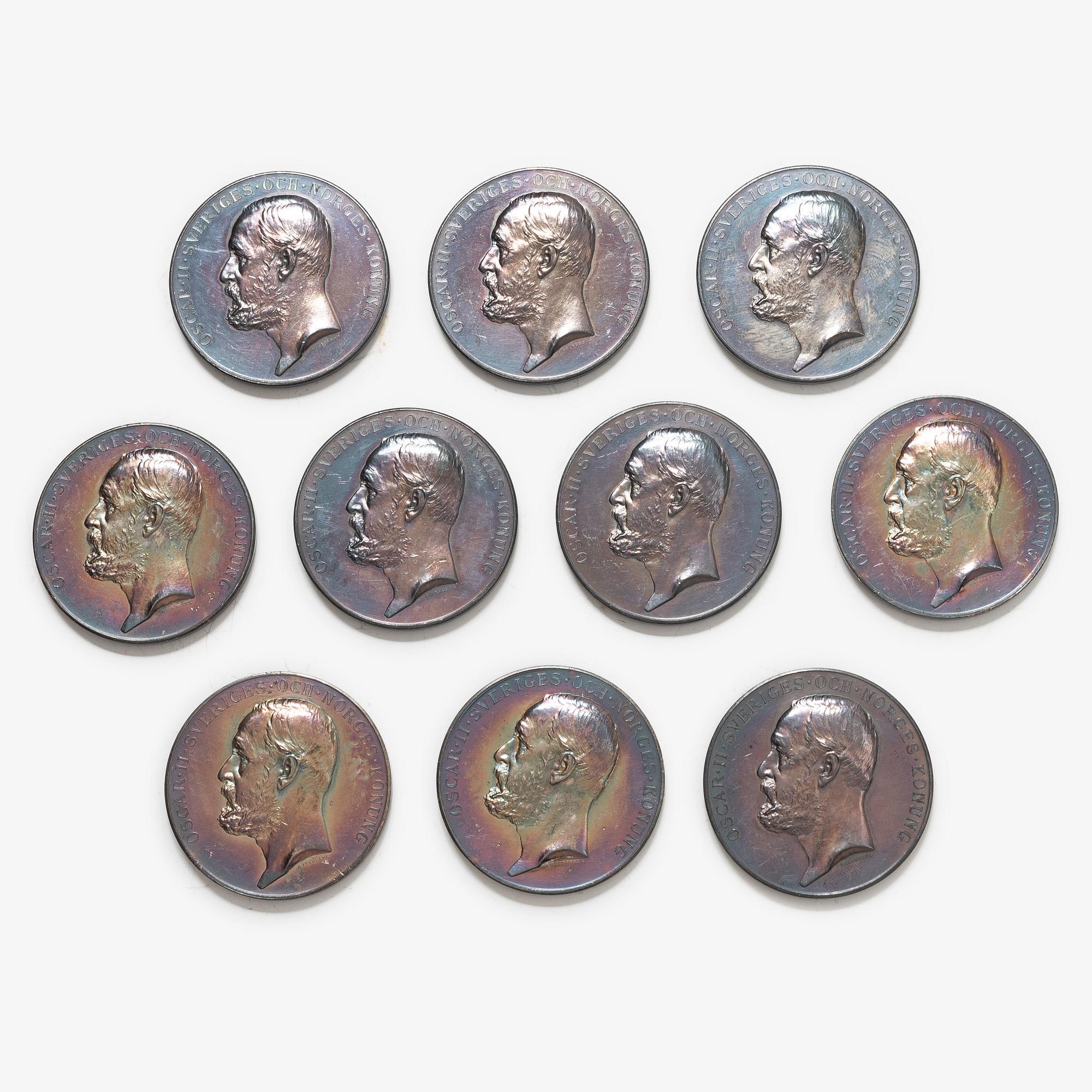 Ten silver medals, Kungliga Myntverket, Sweden, circa 1904.