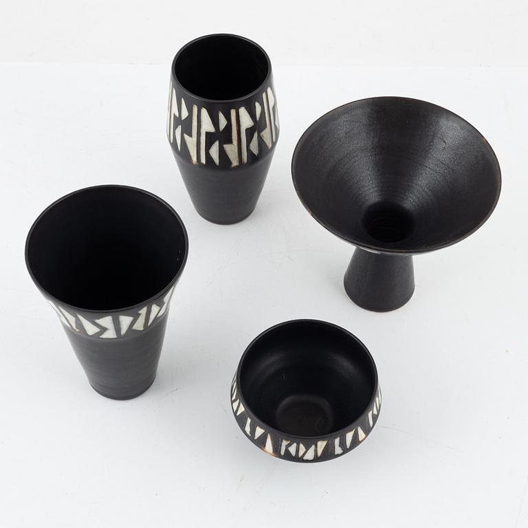Carl-Harry Stålhane, four 'Unika' vases and bowls, stoneware, Rörstrand, Sweden, 1957.