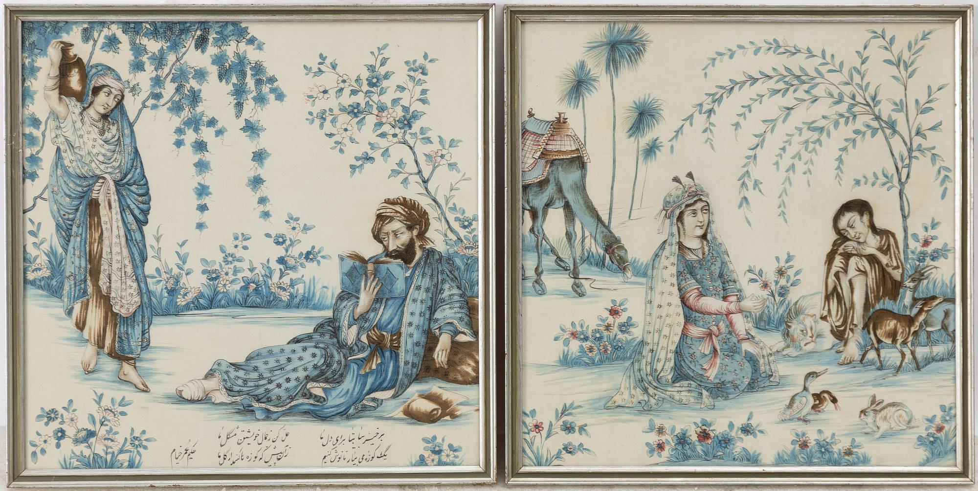 Sidenmålningar, ett par, Persien, omkring år 1900.