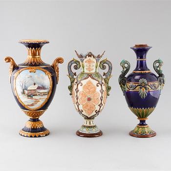 Three majolica vases from Rörstrand and Gustavsberg, around the turn of the century 1900.