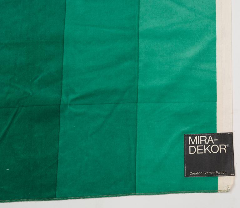 Verner Panton, CURTAINS, 3 PIECES, AND SAMPLERS, 10 PIECES.  Cotton velor. A variety of green nuances and patterns. Verner Panton.