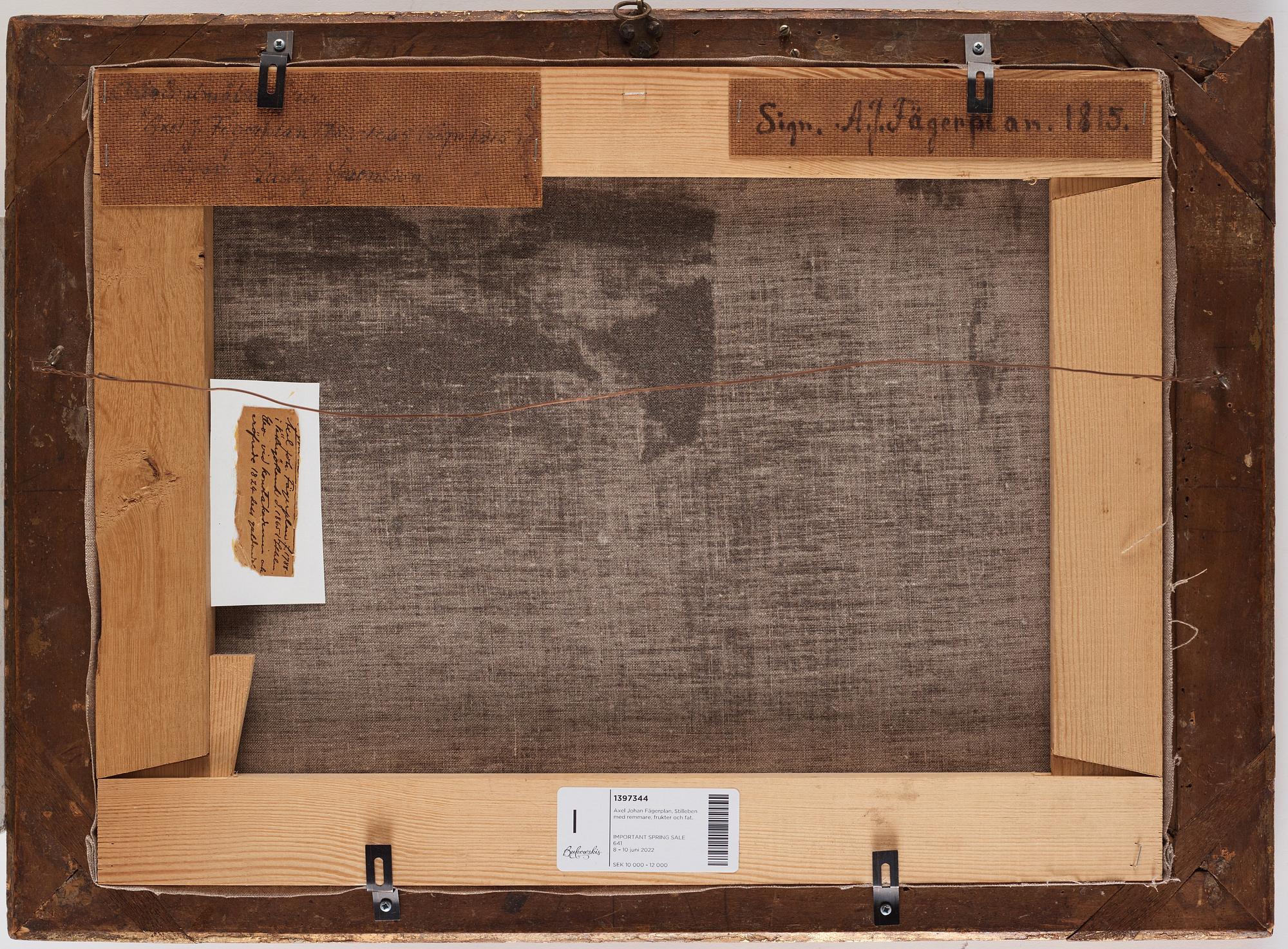 Axel Johan Fägerplan, Stilleben med remmare, frukter och fat.