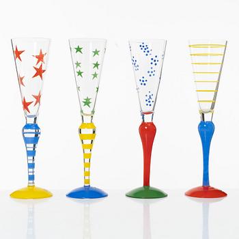 Anne Nilsson, a set of four 'Clown' champagne glasses, Orrefors.