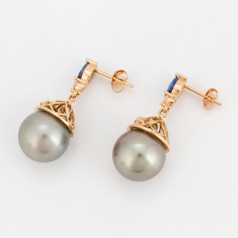 EARRINGS, with cultured Tahiti pearls, diamonds and sapphires.