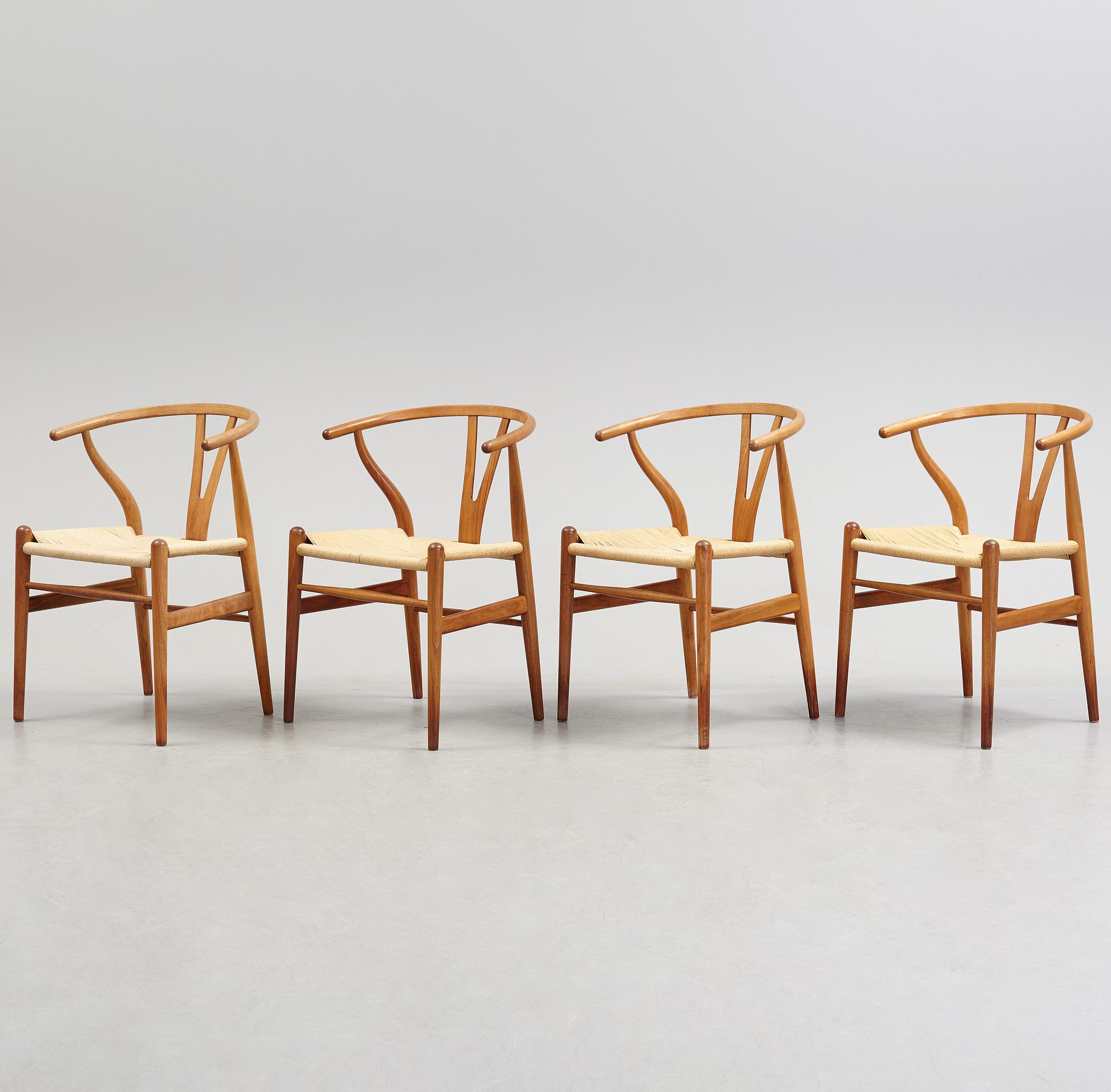 A set of four + two armchairs 'Y-chair' by Hans J Wegner, Carl Hansen & Son, Denmark.
