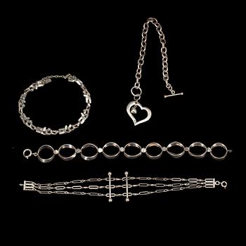 ERÄ RANNEKORUJA, 4 kpl, hopeaa, Suomi 1970/80-luku.