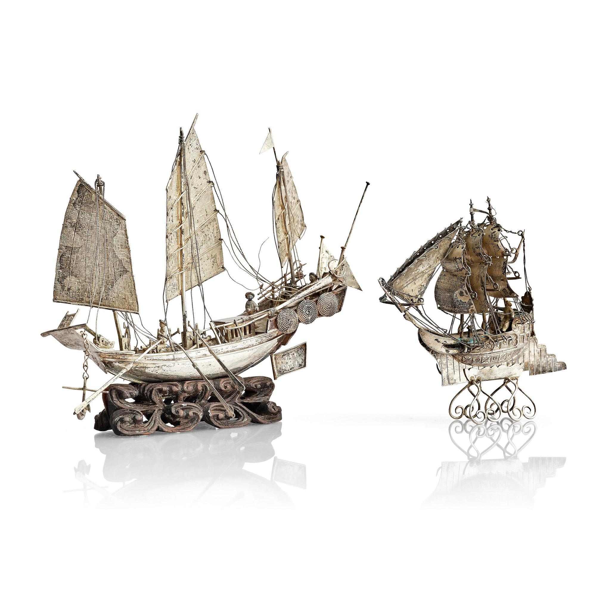 Two Chinese silver models of djunks, Shanghai, around 1900.