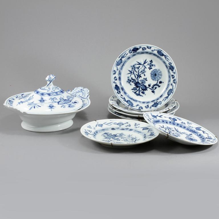 TALLRIKAR, 6 st samt TERRIN, porslin, Meissen-liknande märke, 1900-tal.