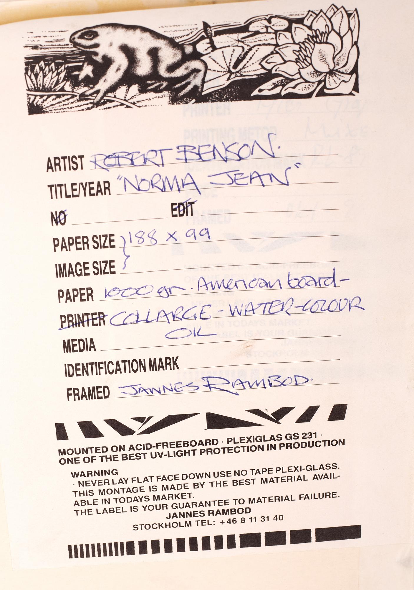 Robert Benson, akvarell och collage, signerad och daterad 1995.