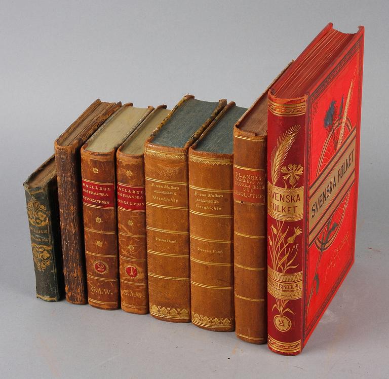 BÖCKER, 8 st, historieverk resp lagsamlingar, 1700- och 1800-tal. Bla "Franska revolutionen, dess verkningar orsaker och syftning" av J Ch Bailleul, Stockholm 1820.