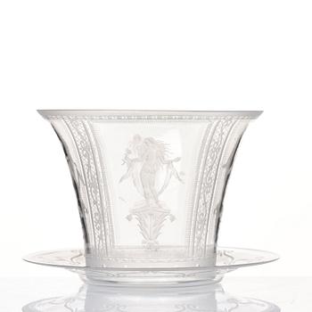 Simon Gate, an glass bowl with plate, Orrefors 1924, engraved by Karl Müller.