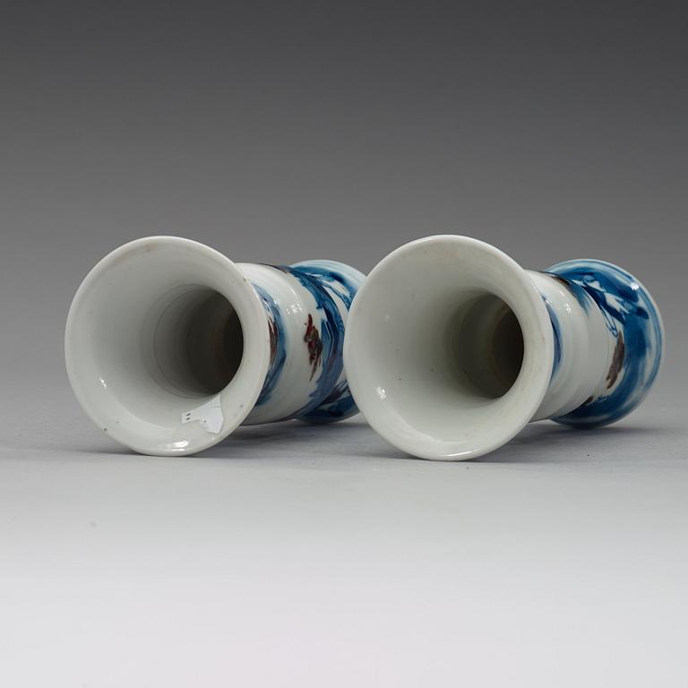 A pair of blue and white with red miniature vases, late Qing dynasty.