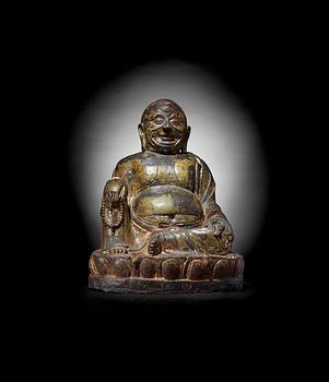 A large seated bronze figure of Budai, Ming Dynasty, dated to the fifth year of Jiajing (1526).