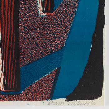 David Hockney, "Flowers, apple and pear on table".