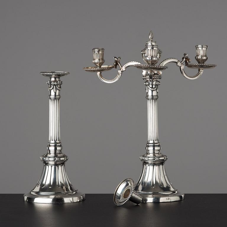 A pair of Gustavian three-light candelabra by Johan Gustaf Ahlgren, Stockholm 1777.