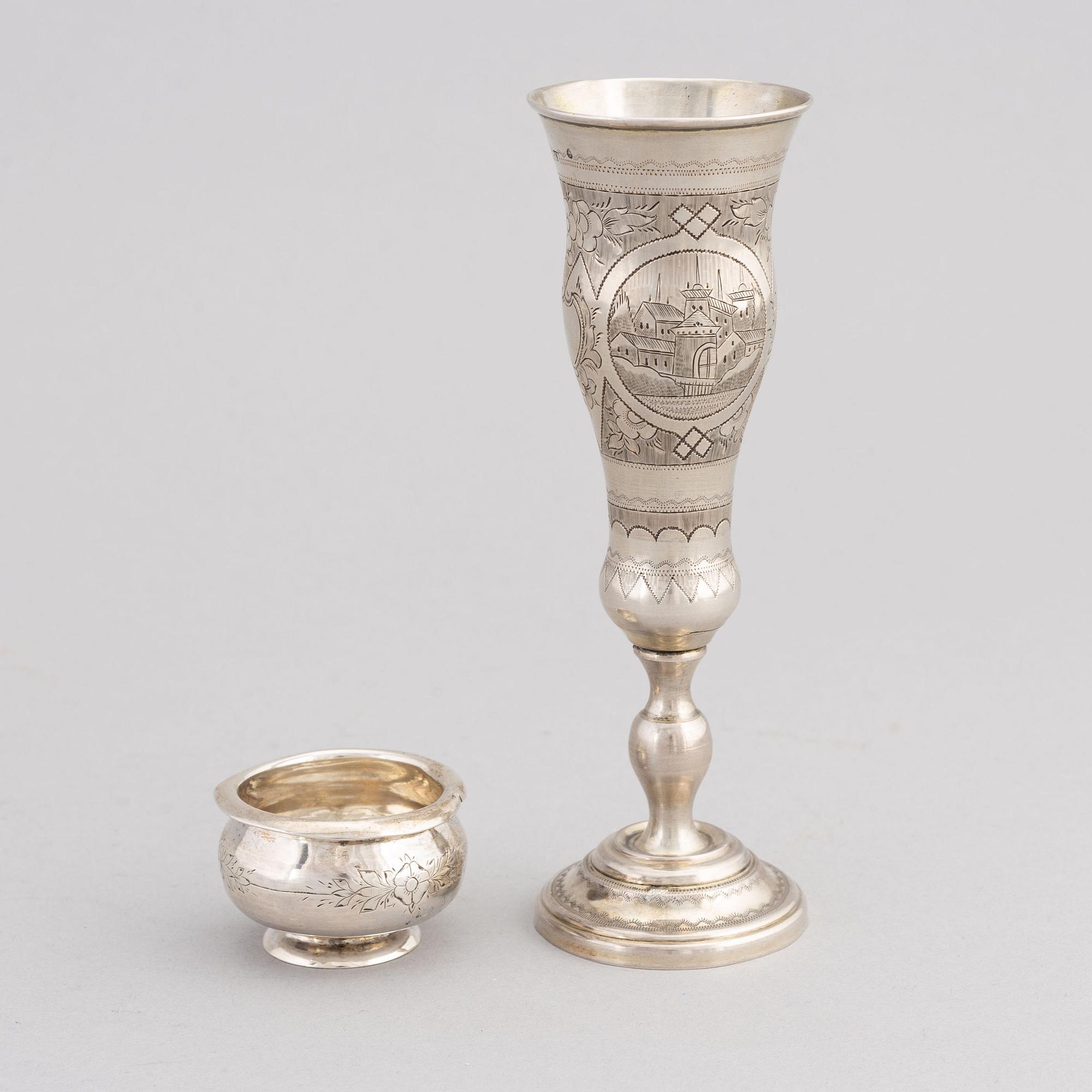 A Russian silver cup and a salt cellar, Moscow 1869 and 1865.