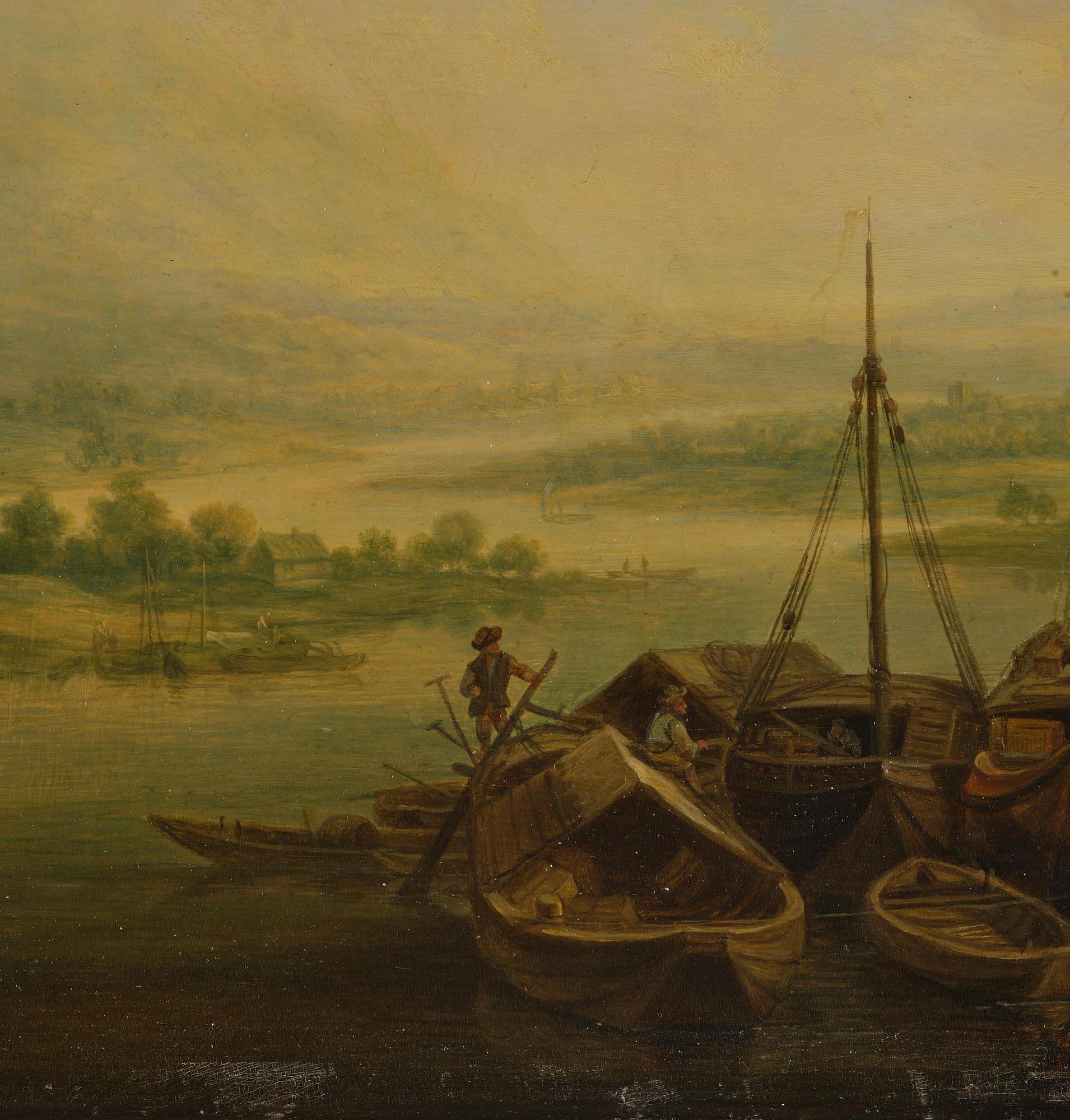 Christian Georg Schütz, Pastorala flodlandskap med figurer och båter, ett par.