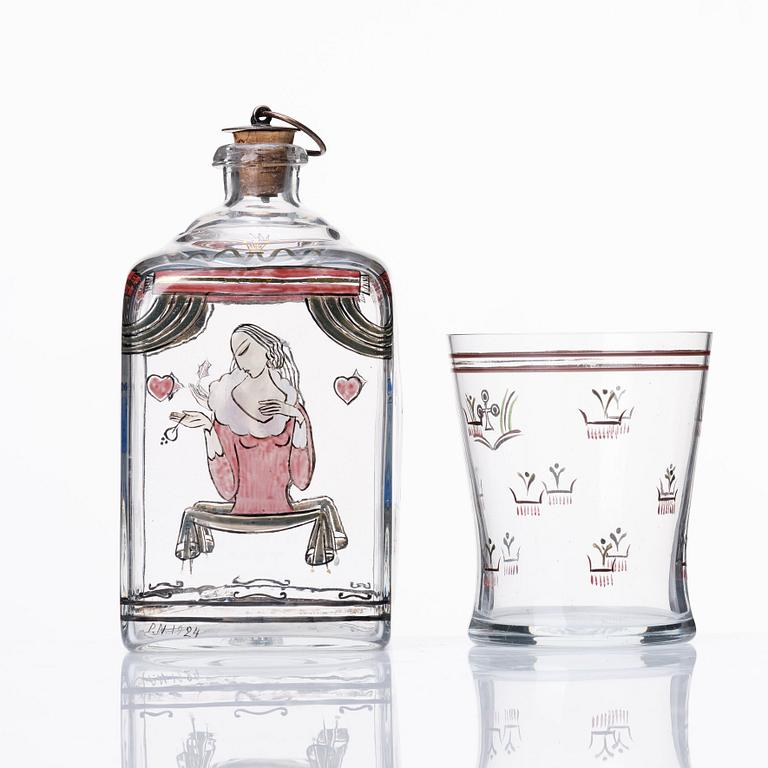 Peder Nyblom, a painted glass bottle and beaker, Orrefors 1924.