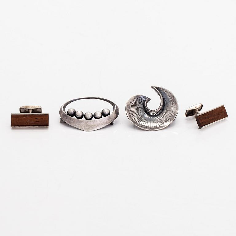 Erik Granit, broscher och manschettknappar, silver, trä, Helsingfors 1960-tal.