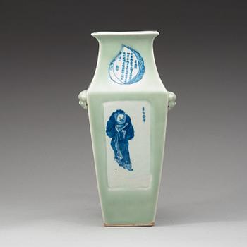 A celadon ground blue and white vase, late Qing dynasty.