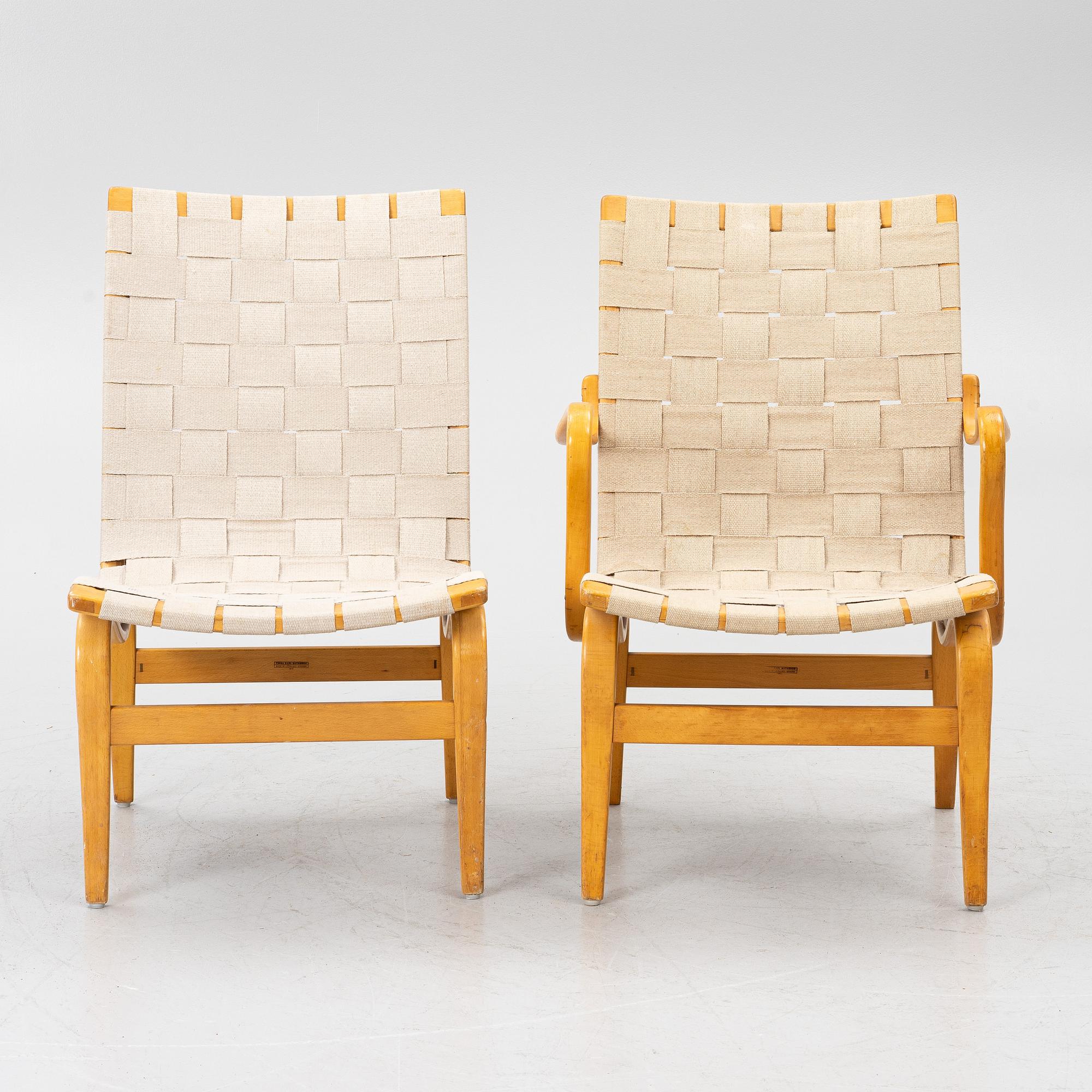 Bruno Mathsson, a matched pair of 'Eva' easy chairs, Firma Karl Mathsson, Värnamo, 1961.