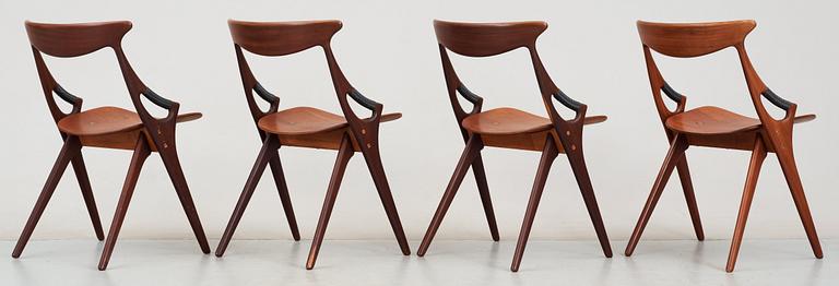 A set of four Arne Hovmand-Olsen teak and mahogany chairs, Mogens Kold, A/S Kerteminde, Denmark 1950's.