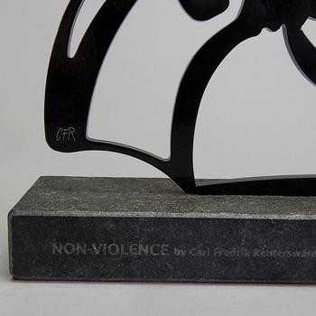 CARL FREDRIK REUTERSWÄRD, culpture, black painted steel on base of stone, signed CFR and numbered 2/50.