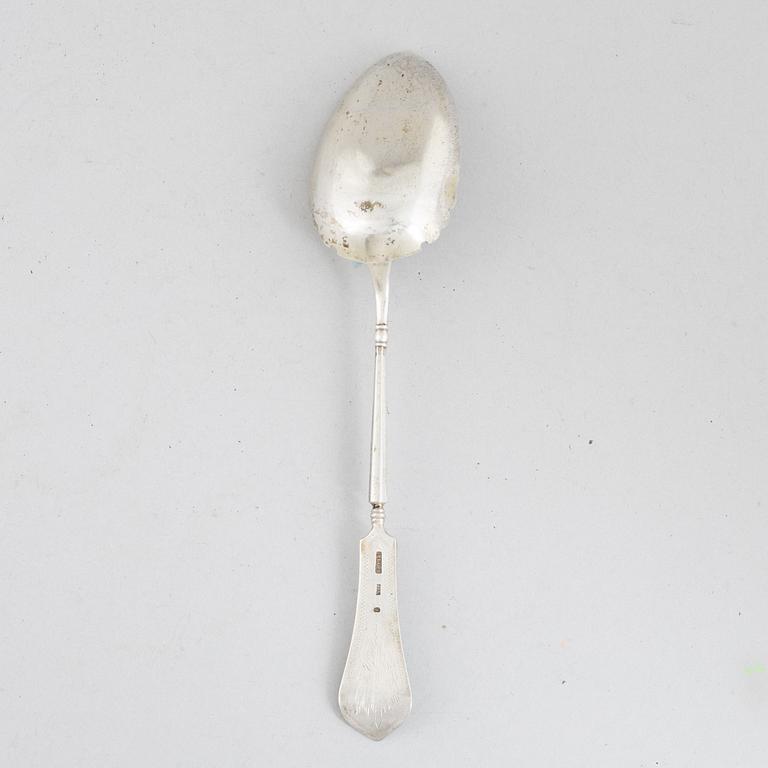 Two serving spoons, low-grade silver, 19th Century, possibly marks of Jacob Andreas Mort, Oslo (1796 - 1854) and of.