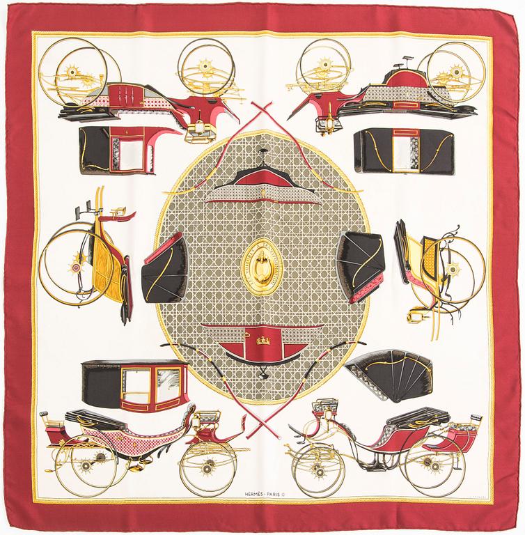 Hermès, a 'Les Voitures à Transformation' silk scarf.