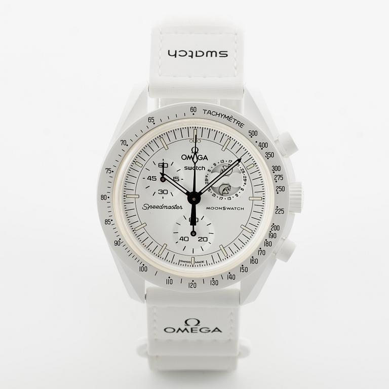 Omega/Swatch, MoonSwatch, "No Reserve", Mission to the MoonPhase, "Snoopy", kronograf, armbandsur, 42 mm.