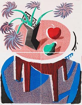 352. David Hockney, "Flowers, apple and pear on table".