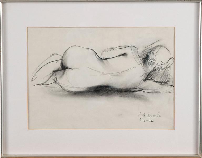 EEVA TERVALA, hiilipiirros, signeerattu ja päivätty 9/4 -92.