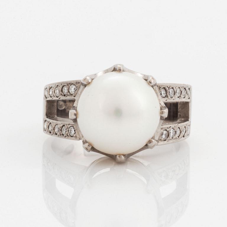 Cultured pearl and brilliant-cut diamond ring.