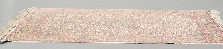 A carpet, an old silk Turkey, ca 237,5 x 146,5  cm (as well as 3,5-4 cm flat weave at the ends).