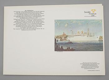 Memorabilia from the Swedish American Line, meny folders and postcards, 20th century.
