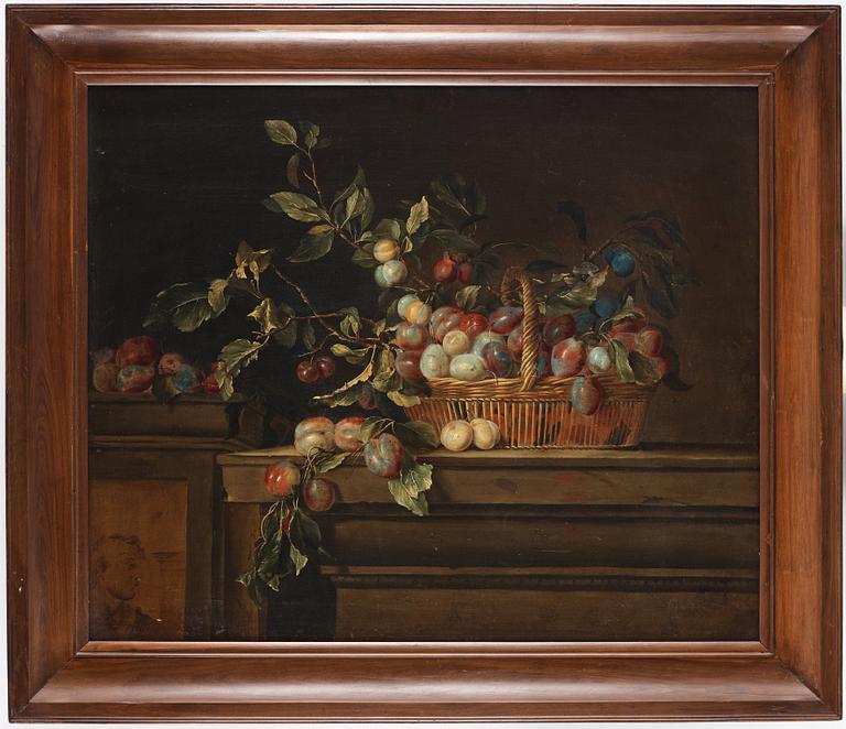 Pierre Dupuis Follower of, Still life with plums in a basket.