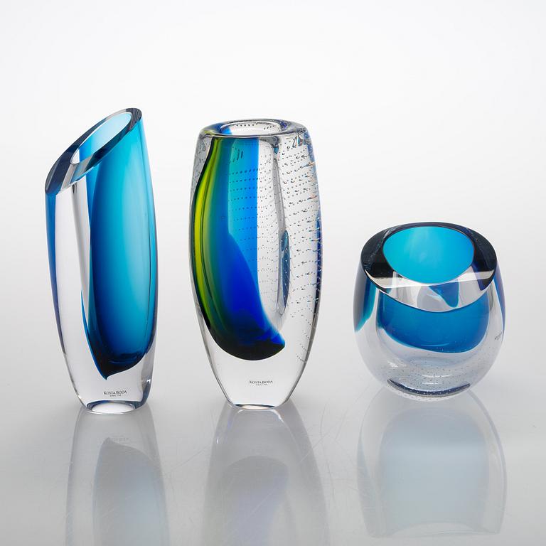 Göran Wärff, three art glasses signed G.Wärff Kosta Boda.