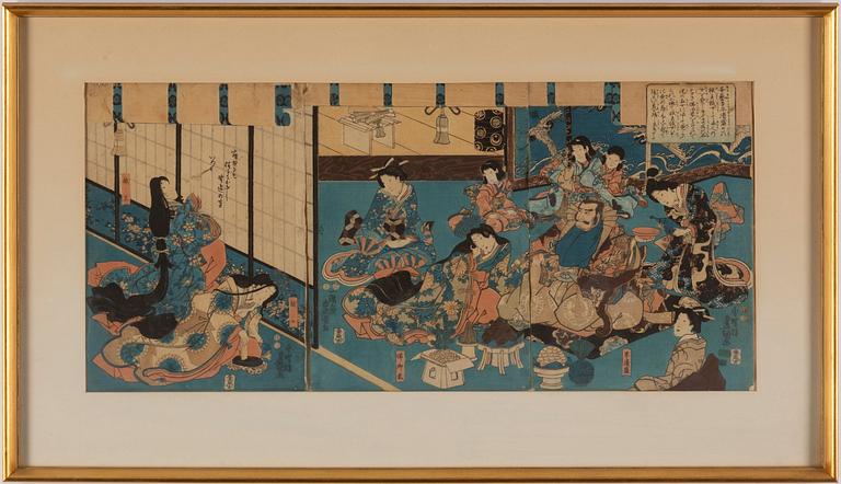 UTAGAWA KUNISADA I (TOYOKUNI III) (1786-1865), a colour triptych, woodblock print, Japan, 19th century.