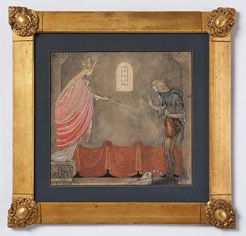John Bauer, "Madonnan ger spelmannen sin ena sko" (from "Spelmannen som fick madonnans guldsko").