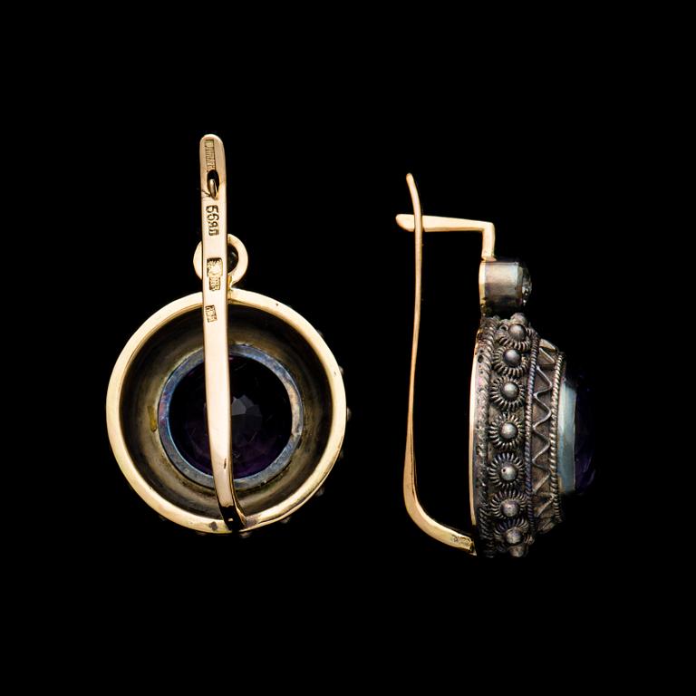 A PAIR OF EARRINGS, 14K (56) gold and silver, amethysts, old cut diamonds. Russian hallmarks. Weight c. 15.4 g.