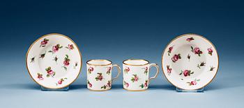 1363. A pair of two French 'Sèvres' cups with saucers, marked with painter signature for Pierre Le Jeune, Jean Jacques.
