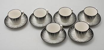 KAFFEKOPPAR MED FAT, 6 st, porslin, Zebra, Eugen Trost, Upsala-Ekeby Gefle, 1900-talets mitt.