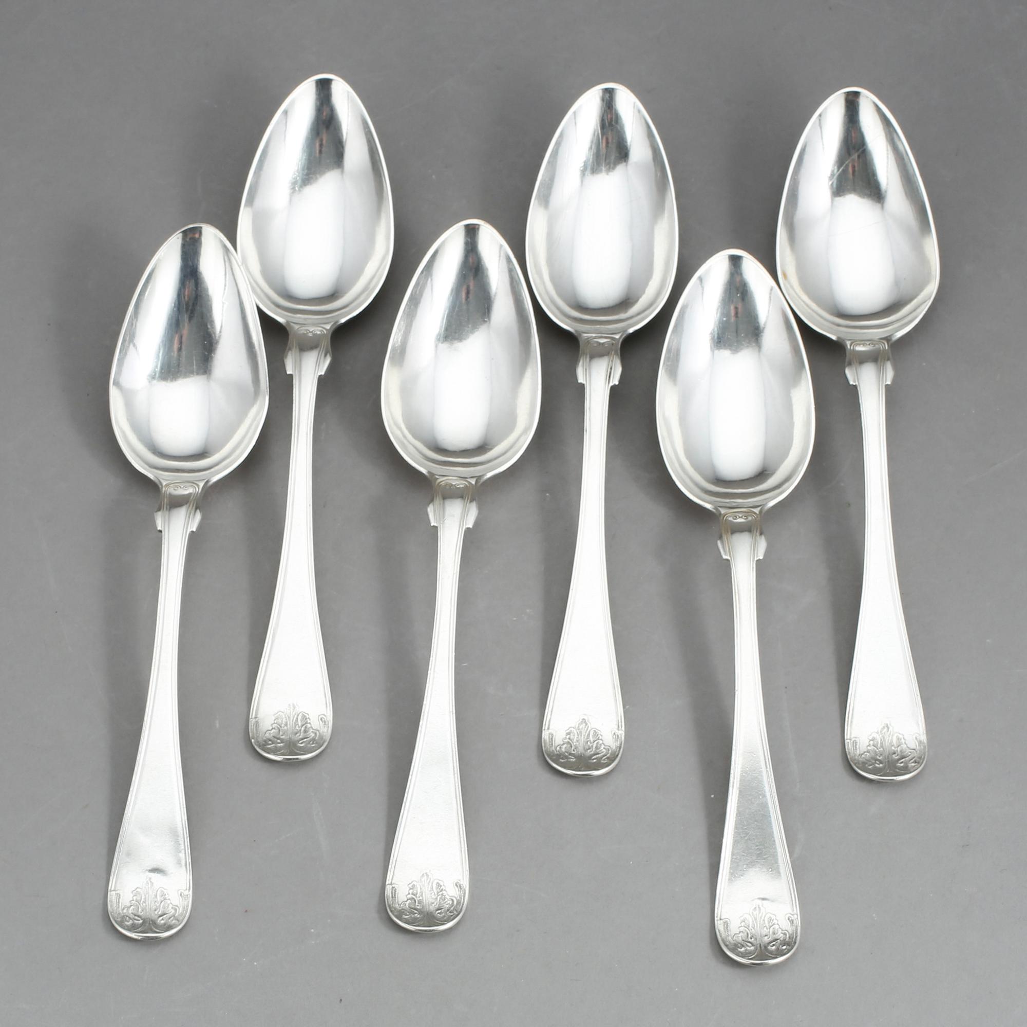 RAGUSKED samt SKEDAR, 6 st, silver, Gustav Graumann, Falun, 1860 respektive 1861. Vikt 548 g.