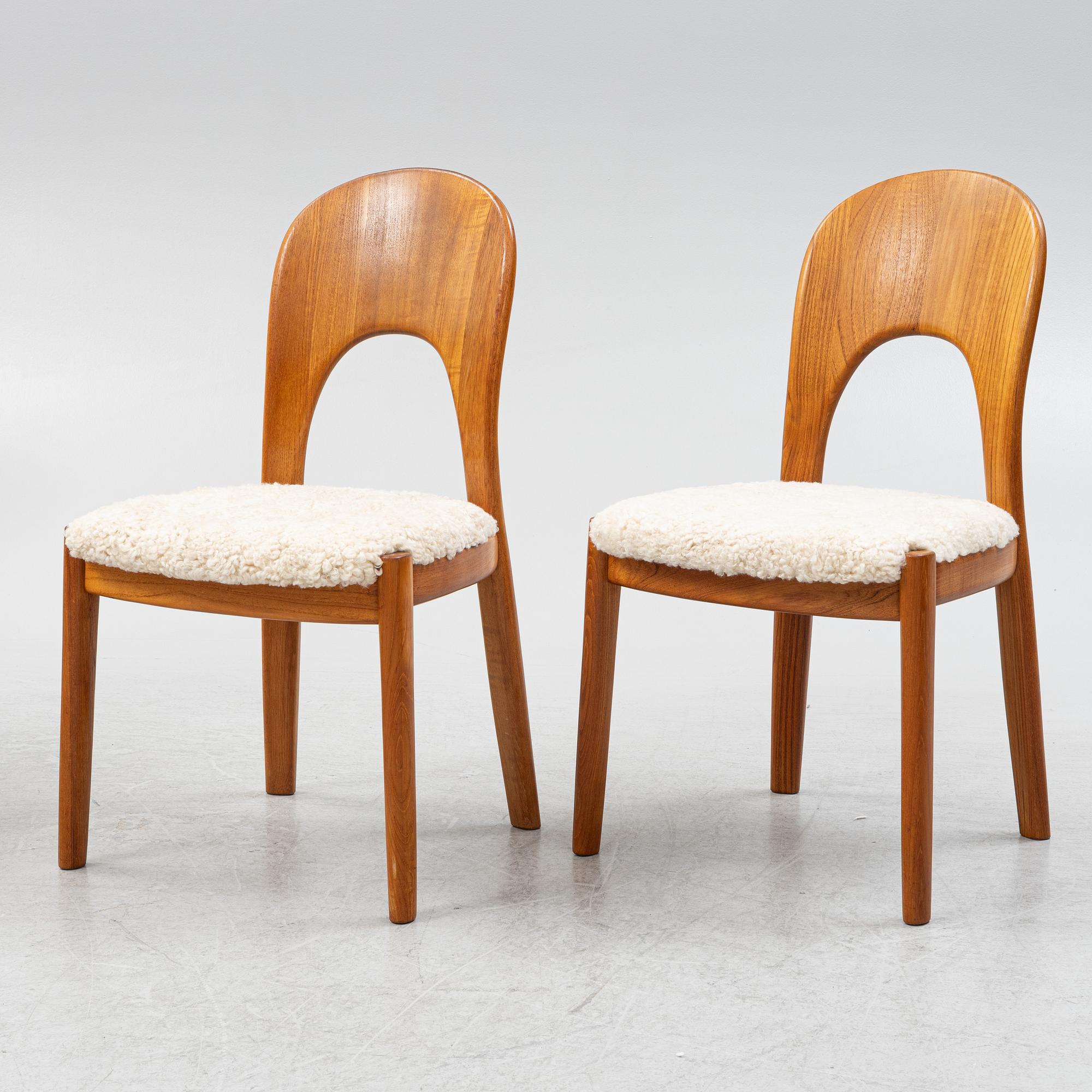 Niels Koefoed, six teak dining chairs upholstered in sheepskin, Denmark, 1960's.