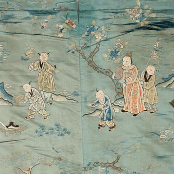 A large embroidered silk panel lined with wool, late Qing dynasty.